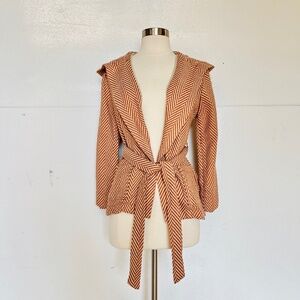 Retro Wraparound Coat Mid Jacket with Hood Orange White Chevron Knit